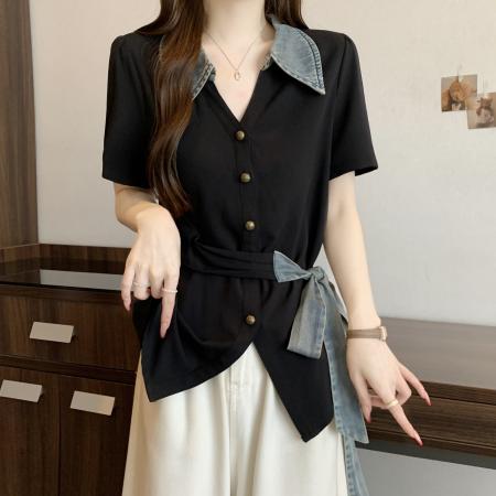 BY15832# 大码胖mm夏季新款收腰短袖衬衫显瘦绑带牛仔拼接上衣女  服裝批發女裝批發服飾貨源