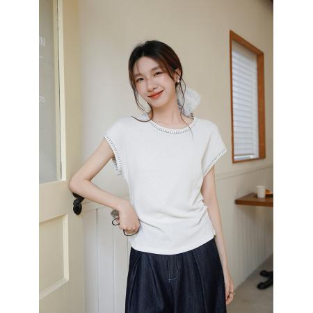 BY15833# 有货夏季新款小众压线花边圆领套头T恤无袖上衣褶皱收腰  服裝批發女裝批發服飾貨源