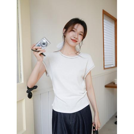 BY15833# 有货夏季新款小众压线花边圆领套头T恤无袖上衣褶皱收腰  服裝批發女裝批發服飾貨源