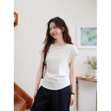 BY15833# 有货夏季新款小众压线花边圆领套头T恤无袖上衣褶皱收腰  服裝批發女裝批發服飾貨源