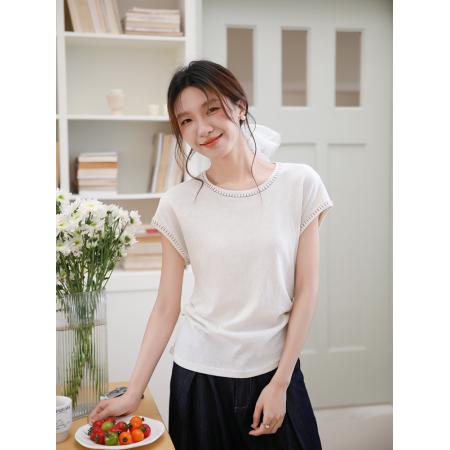 BY15833# 有货夏季新款小众压线花边圆领套头T恤无袖上衣褶皱收腰  服裝批發女裝批發服飾貨源