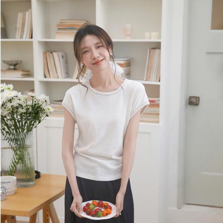 BY15833# 有货夏季新款小众压线花边圆领套头T恤无袖上衣褶皱收腰  服裝批發女裝批發服飾貨源