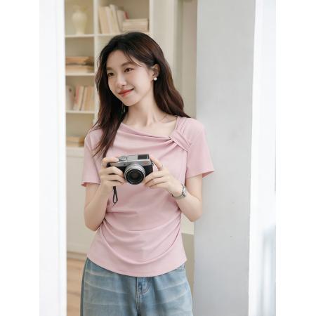 BY15835# 有货夏白色斜肩纽结短袖T恤褶皱不规则设计感收腰T恤  服裝批發女裝批發服飾貨源