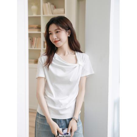 BY15835# 有货夏白色斜肩纽结短袖T恤褶皱不规则设计感收腰T恤  服裝批發女裝批發服飾貨源