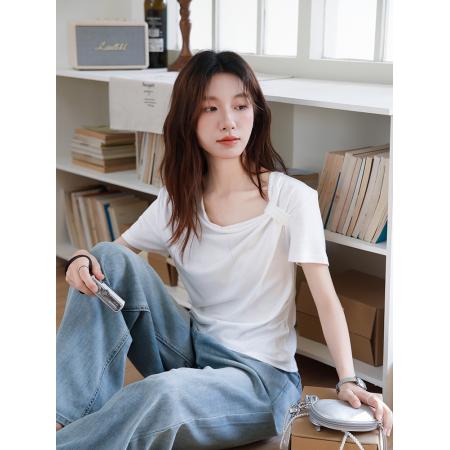 BY15835# 有货夏白色斜肩纽结短袖T恤褶皱不规则设计感收腰T恤  服裝批發女裝批發服飾貨源