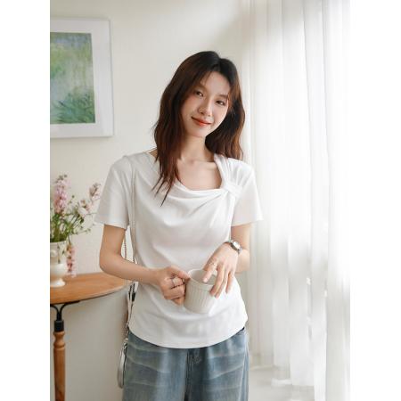 BY15835# 有货夏白色斜肩纽结短袖T恤褶皱不规则设计感收腰T恤  服裝批發女裝批發服飾貨源