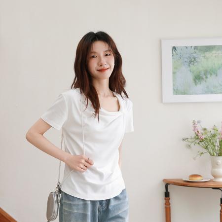 BY15835# 有货夏白色斜肩纽结短袖T恤褶皱不规则设计感收腰T恤  服裝批發女裝批發服飾貨源