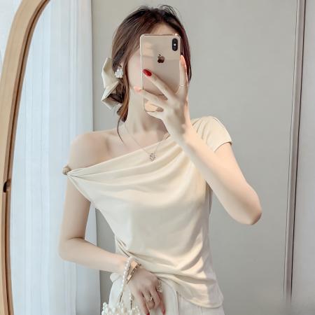 BY15836# 新款韩版优雅风斜肩露肩短袖T恤不规则修身显瘦气质百搭上衣  服裝批發女裝批發服飾貨源