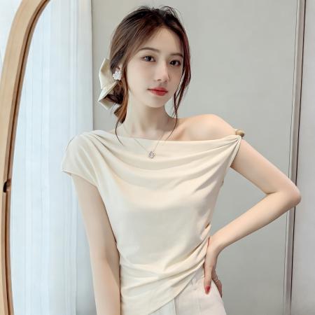 BY15836# 新款韩版优雅风斜肩露肩短袖T恤不规则修身显瘦气质百搭上衣  服裝批發女裝批發服飾貨源