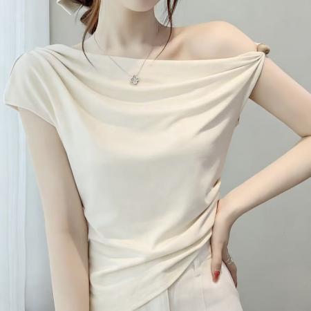BY15836# 新款韩版优雅风斜肩露肩短袖T恤不规则修身显瘦气质百搭上衣  服裝批發女裝批發服飾貨源