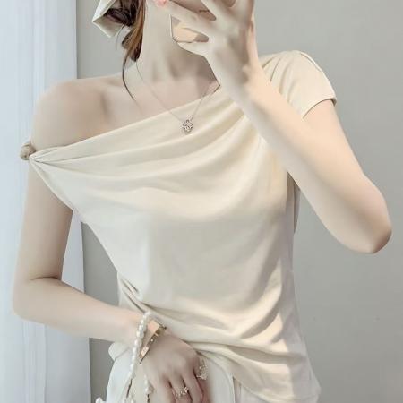 BY15836# 新款韩版优雅风斜肩露肩短袖T恤不规则修身显瘦气质百搭上衣  服裝批發女裝批發服飾貨源