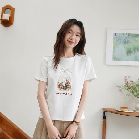 BY15837# 有货新款水果兜兜趣味印花感T恤钱袋休闲圆领上衣女  服裝批發女裝批發服飾貨源