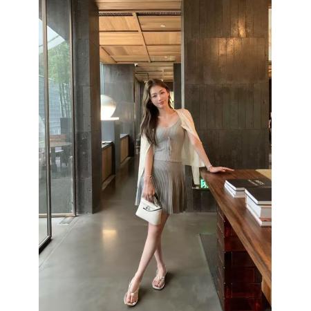 BY15840# 法式性感波浪花边v领针织吊带连衣裙女新款系带镂空包臀裙  服裝批發女裝批發服飾貨源