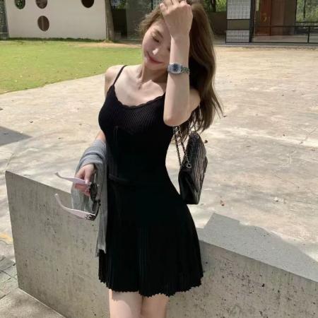 BY15840# 法式性感波浪花边v领针织吊带连衣裙女新款系带镂空包臀裙  服裝批發女裝批發服飾貨源