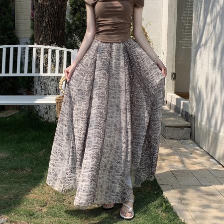 BY15841# 美拉德风纯欲豹纹松紧腰半身裙女夏季新款复古时髦A字中长裙  服裝批發女裝批發服飾貨源