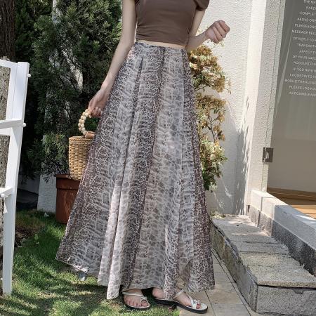 BY15841# 美拉德风纯欲豹纹松紧腰半身裙女夏季新款复古时髦A字中长裙  服裝批發女裝批發服飾貨源