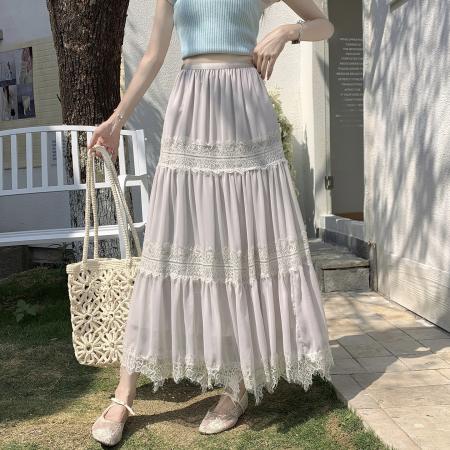 BY15842# 法式气质蕾丝拼接半身裙女春夏新款温柔风显瘦A字长裙子  服裝批發女裝批發服飾貨源