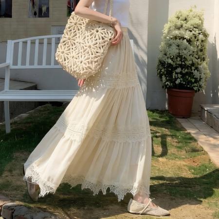 BY15842# 法式气质蕾丝拼接半身裙女春夏新款温柔风显瘦A字长裙子  服裝批發女裝批發服飾貨源