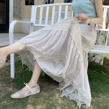 BY15842# 法式气质蕾丝拼接半身裙女春夏新款温柔风显瘦A字长裙子  服裝批發女裝批發服飾貨源