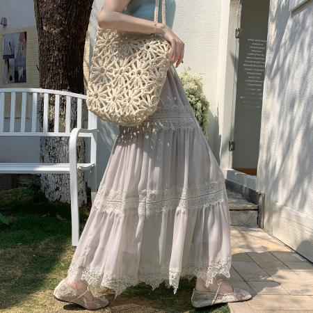 BY15842# 法式气质蕾丝拼接半身裙女春夏新款温柔风显瘦A字长裙子  服裝批發女裝批發服飾貨源