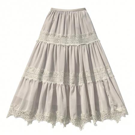 BY15842# 法式气质蕾丝拼接半身裙女春夏新款温柔风显瘦A字长裙子  服裝批發女裝批發服飾貨源