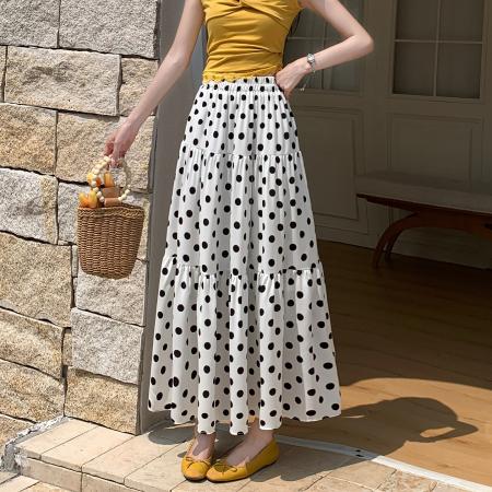 BY15843# 法式温柔波点拼接半身裙女夏季度假风休闲a字松紧腰垂坠感大摆裙  服裝批發女裝批發服飾貨源