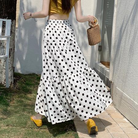 BY15843# 法式温柔波点拼接半身裙女夏季度假风休闲a字松紧腰垂坠感大摆裙  服裝批發女裝批發服飾貨源