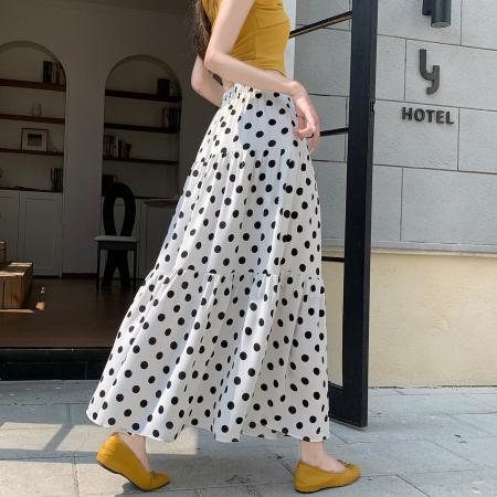 BY15843# 法式温柔波点拼接半身裙女夏季度假风休闲a字松紧腰垂坠感大摆裙  服裝批發女裝批發服飾貨源