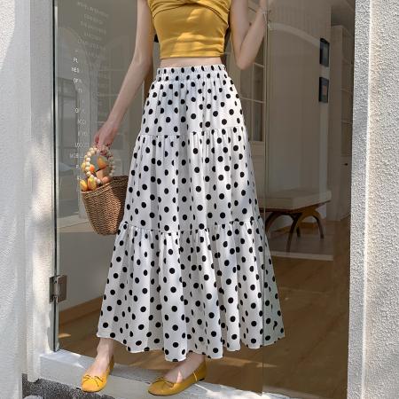 BY15843# 法式温柔波点拼接半身裙女夏季度假风休闲a字松紧腰垂坠感大摆裙  服裝批發女裝批發服飾貨源