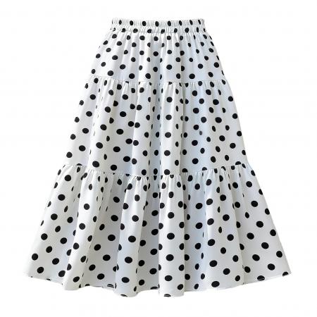 BY15843# 法式温柔波点拼接半身裙女夏季度假风休闲a字松紧腰垂坠感大摆裙  服裝批發女裝批發服飾貨源