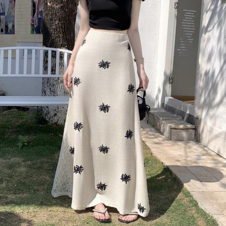 BY15844# 亚麻刺绣蕾丝拼接半身裙女夏新款a字中长款设计感裙子  服裝批發女裝批發服飾貨源