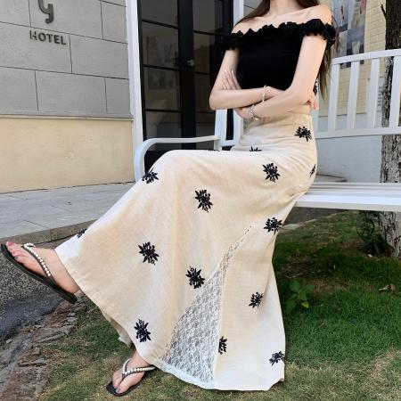 BY15844# 亚麻刺绣蕾丝拼接半身裙女夏新款a字中长款设计感裙子  服裝批發女裝批發服飾貨源