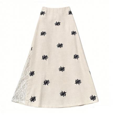 BY15844# 亚麻刺绣蕾丝拼接半身裙女夏新款a字中长款设计感裙子  服裝批發女裝批發服飾貨源