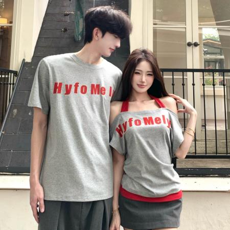 BY15846# 小性感露肩印花纯棉T恤男女套头T  服裝批發女裝批發服飾貨源