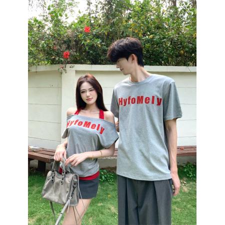 BY15846# 小性感露肩印花纯棉T恤男女套头T  服裝批發女裝批發服飾貨源