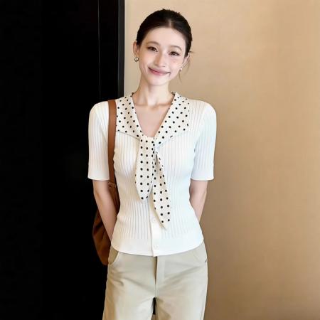 BY15847# 白色波点系带领短袖针织开衫女装新款夏季设计感独特漂亮上衣  服裝批發女裝批發服飾貨源