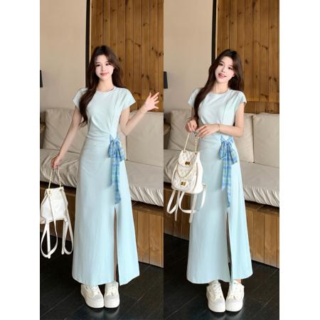 BY15850# 大妈女装法式设计感收腰绑带连衣裙高级感拼接撞色T恤裙  服裝批發女裝批發服飾貨源