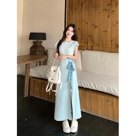 BY15850# 大妈女装法式设计感收腰绑带连衣裙高级感拼接撞色T恤裙  服裝批發女裝批發服飾貨源