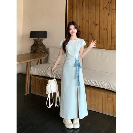 BY15850# 大妈女装法式设计感收腰绑带连衣裙高级感拼接撞色T恤裙  服裝批發女裝批發服飾貨源