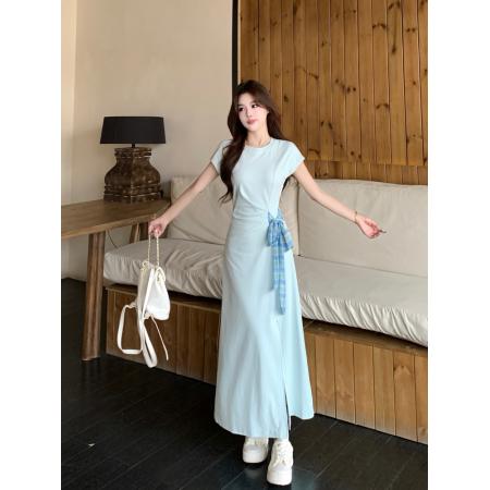 BY15850# 大妈女装法式设计感收腰绑带连衣裙高级感拼接撞色T恤裙  服裝批發女裝批發服飾貨源