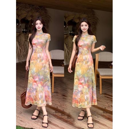 BY15851# 大码女装莫奈油画晕染连衣裙夏季新中式国风修身改良旗袍裙  服裝批發女裝批發服飾貨源