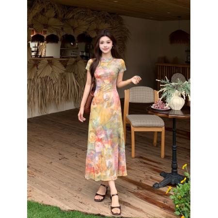 BY15851# 大码女装莫奈油画晕染连衣裙夏季新中式国风修身改良旗袍裙  服裝批發女裝批發服飾貨源