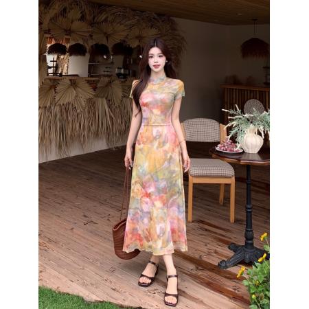 BY15851# 大码女装莫奈油画晕染连衣裙夏季新中式国风修身改良旗袍裙  服裝批發女裝批發服飾貨源