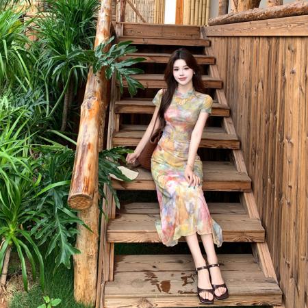 BY15851# 大码女装莫奈油画晕染连衣裙夏季新中式国风修身改良旗袍裙  服裝批發女裝批發服飾貨源