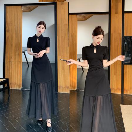 BY15853# 大码夏季新中式国风旗袍裙气质黑色显瘦网纱裙摆拼接连衣裙  服裝批發女裝批發服飾貨源