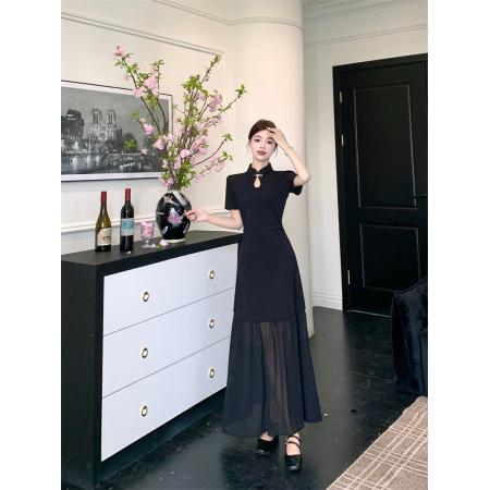 BY15853# 大码夏季新中式国风旗袍裙气质黑色显瘦网纱裙摆拼接连衣裙  服裝批發女裝批發服飾貨源