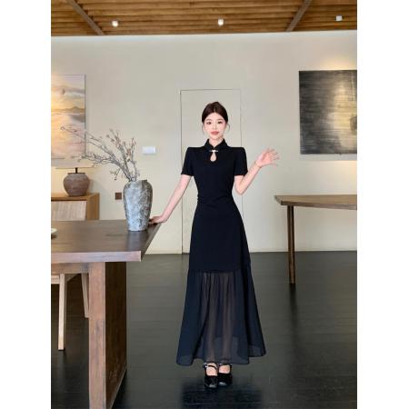 BY15853# 大码夏季新中式国风旗袍裙气质黑色显瘦网纱裙摆拼接连衣裙  服裝批發女裝批發服飾貨源