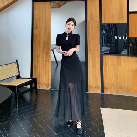 BY15853# 大码夏季新中式国风旗袍裙气质黑色显瘦网纱裙摆拼接连衣裙  服裝批發女裝批發服飾貨源