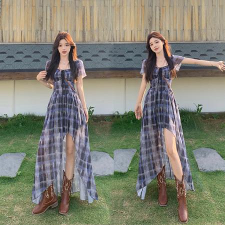 BY15854# 大码高智感韩艺术生格纹蕾丝短袖连衣裙胖mm显瘦不规则长裙  服裝批發女裝批發服飾貨源