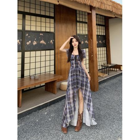 BY15854# 大码高智感韩艺术生格纹蕾丝短袖连衣裙胖mm显瘦不规则长裙  服裝批發女裝批發服飾貨源